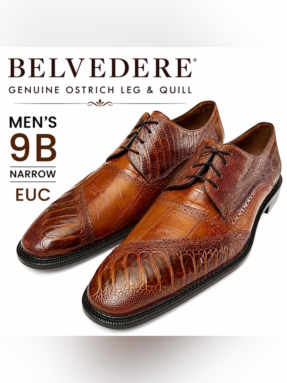 Belvedere Nino Antique Camel Ostrich & Eel Leg Shoes Men’s 9B EUC Luxury